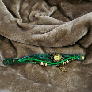 Green Bohemian Bracelet with Leaf Charm